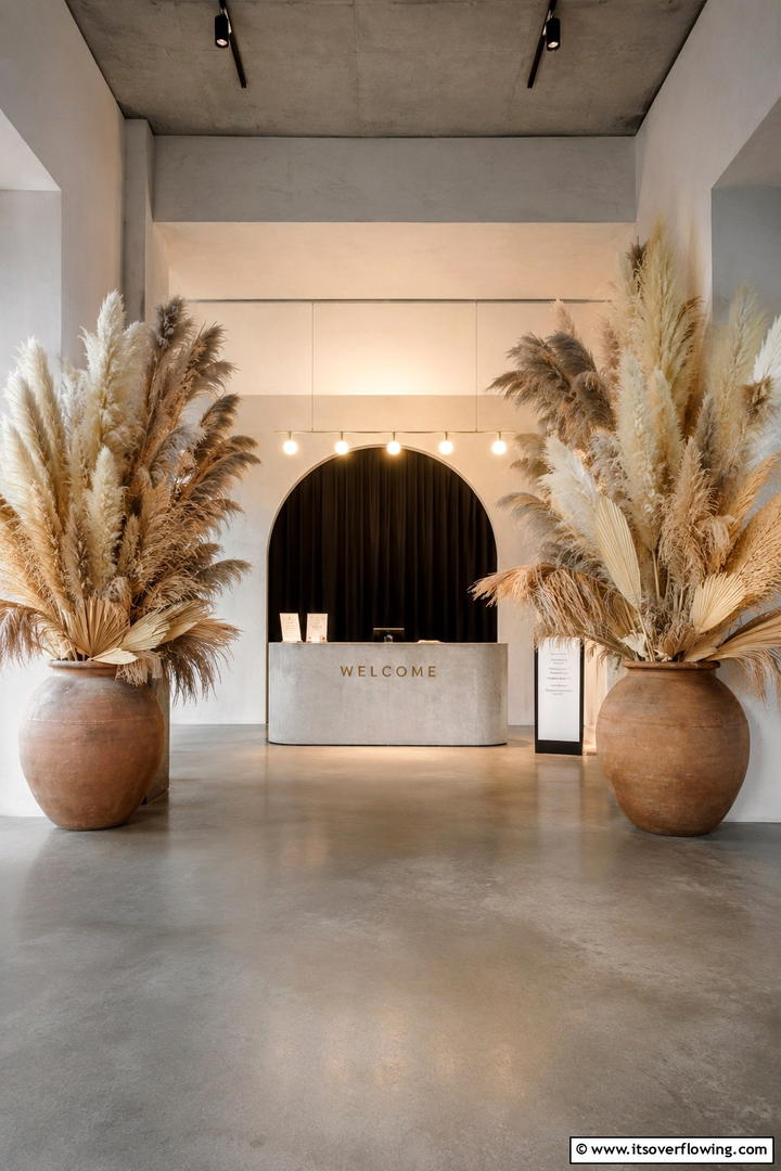 Inviting Entryway Pampas Displays - 30 Pampas Grass Wedding Decor Ideas for Boho Chic Vibes