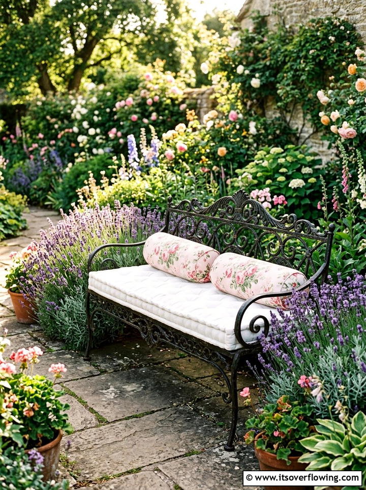 Iron Garden Bench - 25 garden decor ideas with throw pillows
