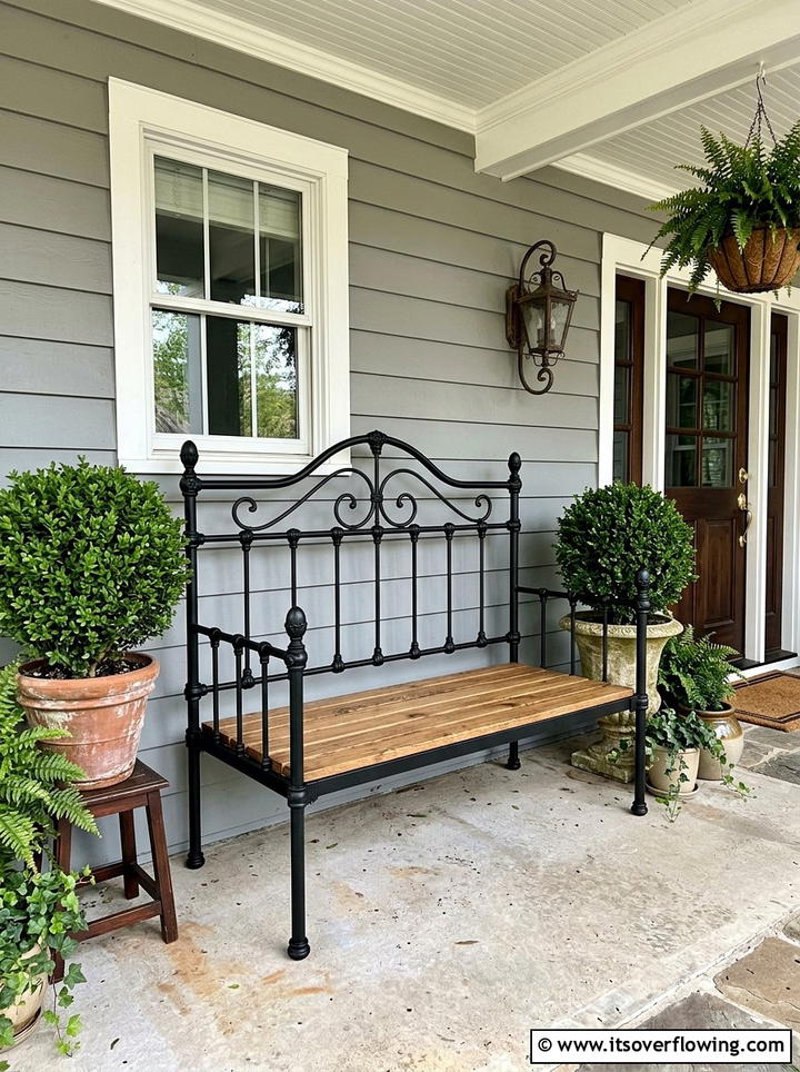 Iron bed frame bench - 25 front porch ideas with repurposed furniture