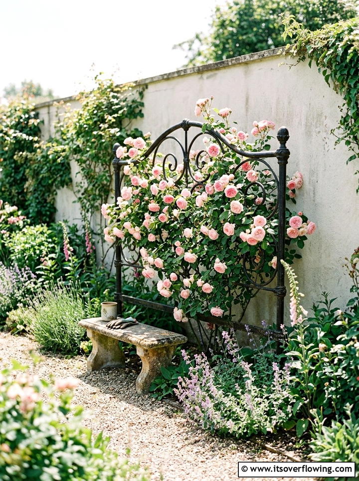 Iron bedframe trellis - 25 cheap garden ideas with thrifted decor