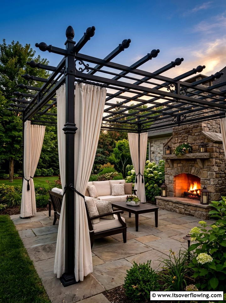 Iron rod pergola hardware - 25 garden decor ideas with pergola curtains