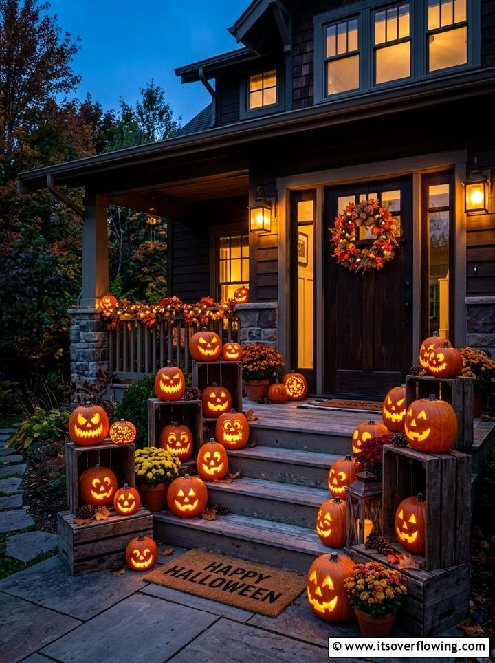 Jack o lantern porch display - 25 front porch decor ideas with fake pumpkins