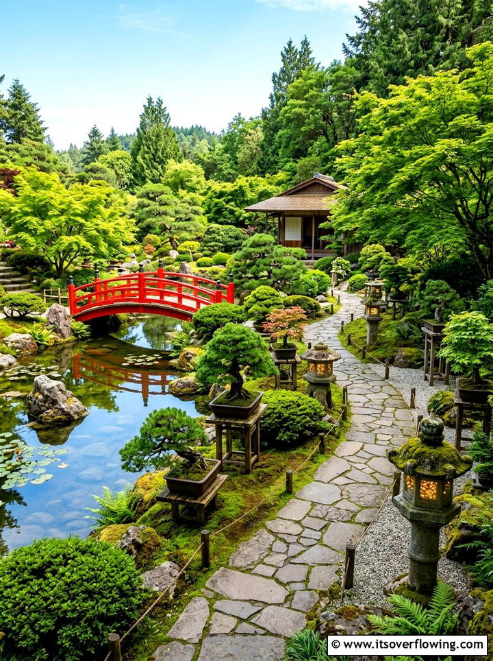 Japanese garden with stone lantern lights - 25 creative garden ideas with fairy light pathways
