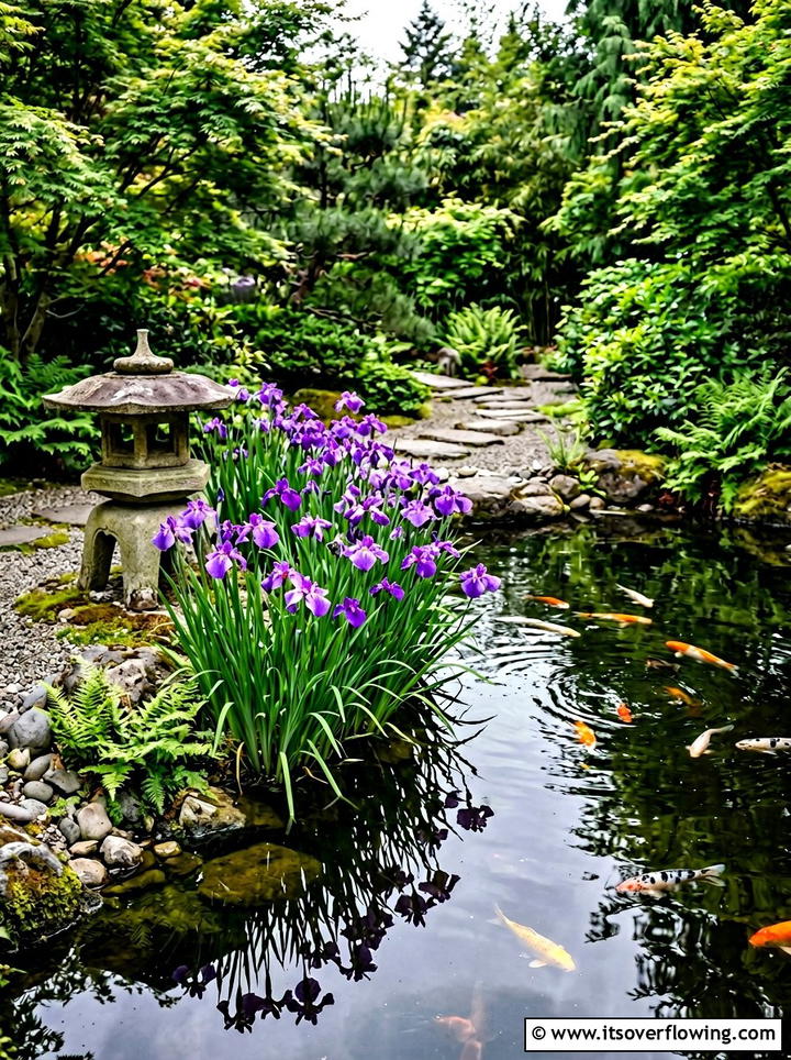 Japanese iris water feature - 25 garden design ideas with seasonal flowers