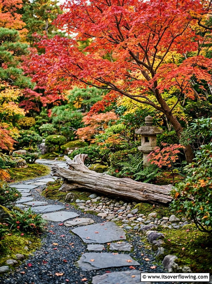 Japanese maple garden with driftwood - 25 garden ideas with driftwood sculptures