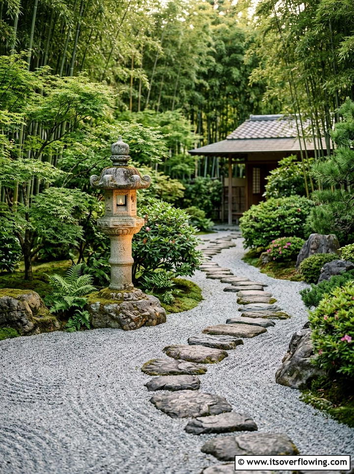 Japanese stone lantern garden path - 25 garden decor ideas with pathway lighting