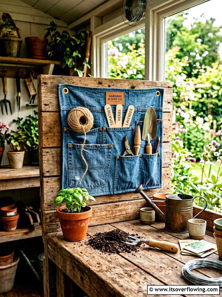 Jeans pocket potting bench organizer - 25 upcycled garden ideas with denim pockets