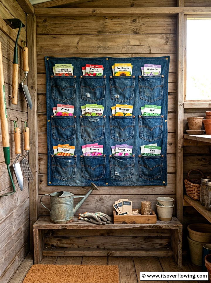 Jeans pocket seed packet storage - 25 upcycled garden ideas with denim pockets