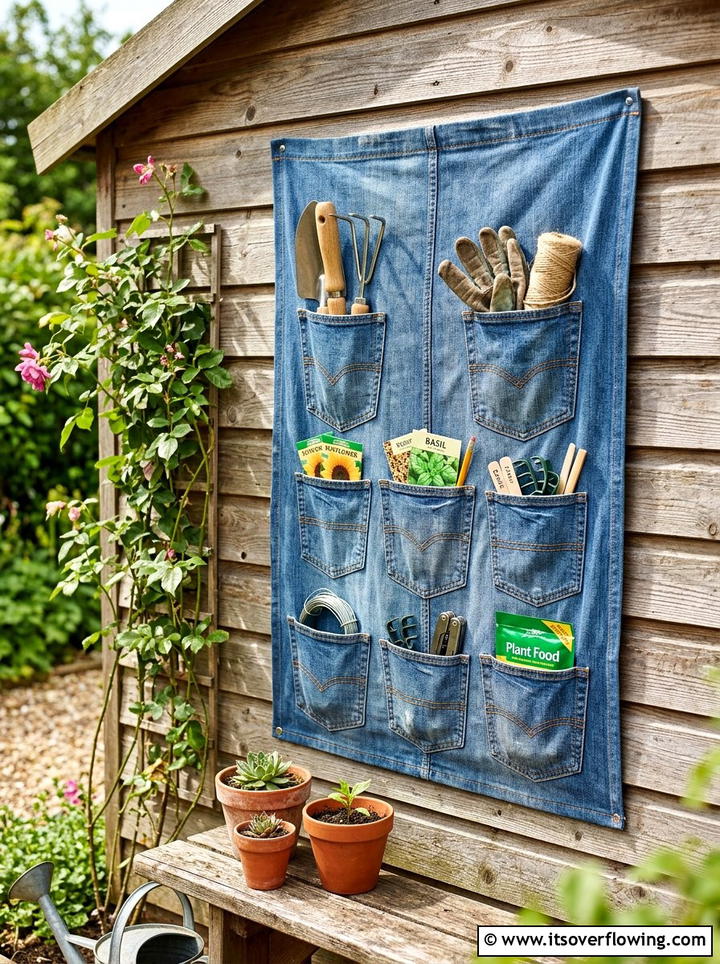 Jeans pocket shed wall storage - 25 upcycled garden ideas with denim pockets