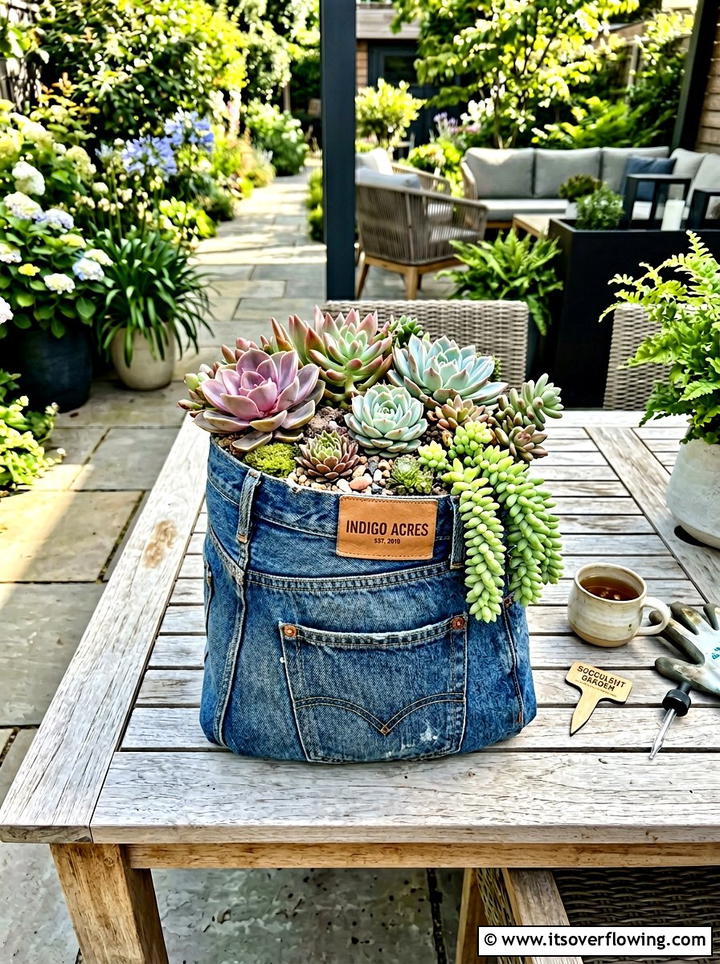 Jeans pocket succulent display - 25 upcycled garden ideas with denim pockets