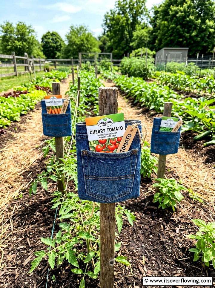 Jeans pocket vegetable garden markers - 25 upcycled garden ideas with denim pockets