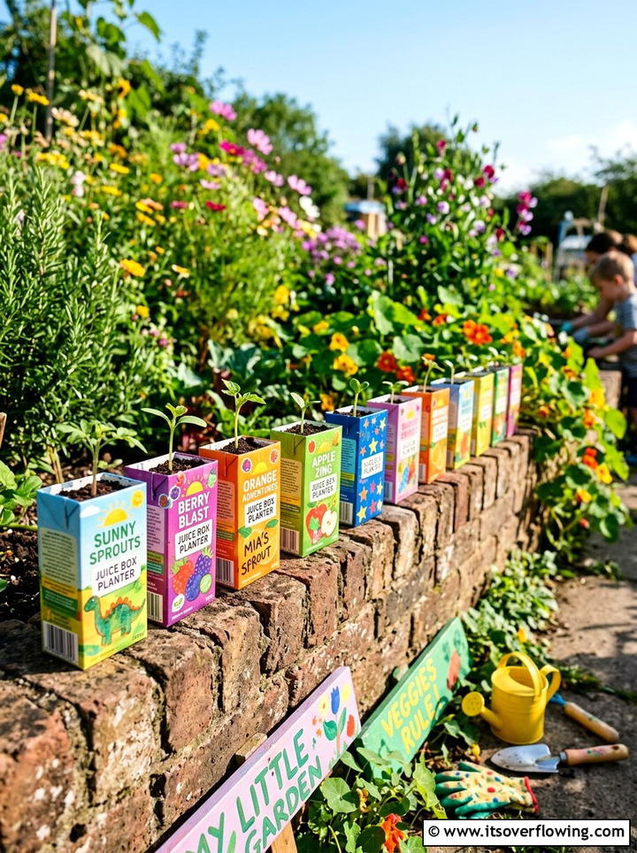 Juice Box Seedling Planter - 25 recycled garden ideas with seed starting trays
