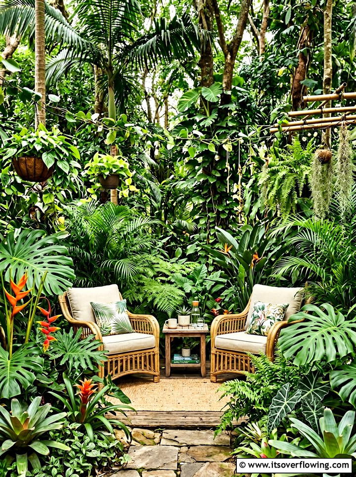 Jungle Vibe Seating Area - 25 backyard ideas with tropical plants