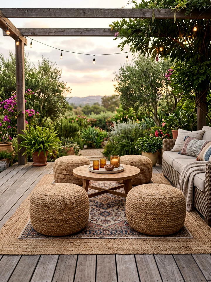 Jute Pouf Seating - 25 backyard decorating ideas with boho accents