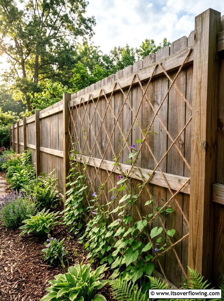 Jute twine wall grid - 25 cheap garden ideas with homemade trellis