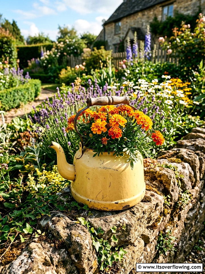 Kettle Flower Pot - 25 recycled garden ideas with old kitchenware