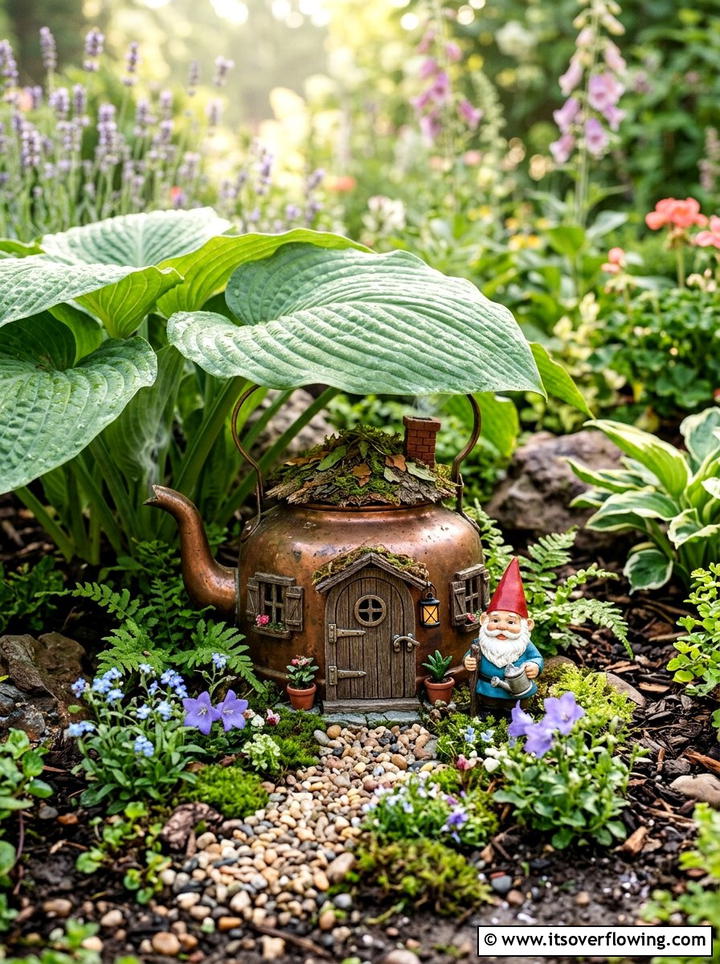 Kettle gnome home idea - 25 upcycled garden ideas with old kettles