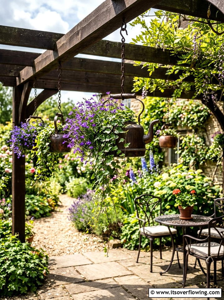Kettle hanging flower pots - 25 upcycled garden ideas with old kettles