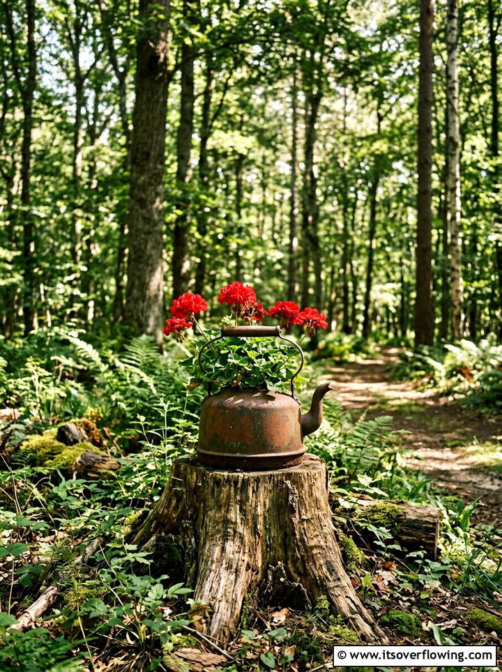 Kettle planter on tree stump - 25 upcycled garden ideas with old kettles
