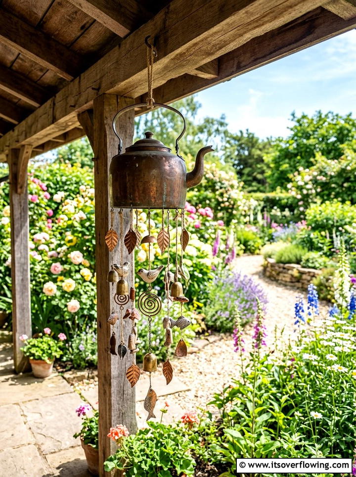 Kettle wind chime garden art - 25 upcycled garden ideas with old kettles