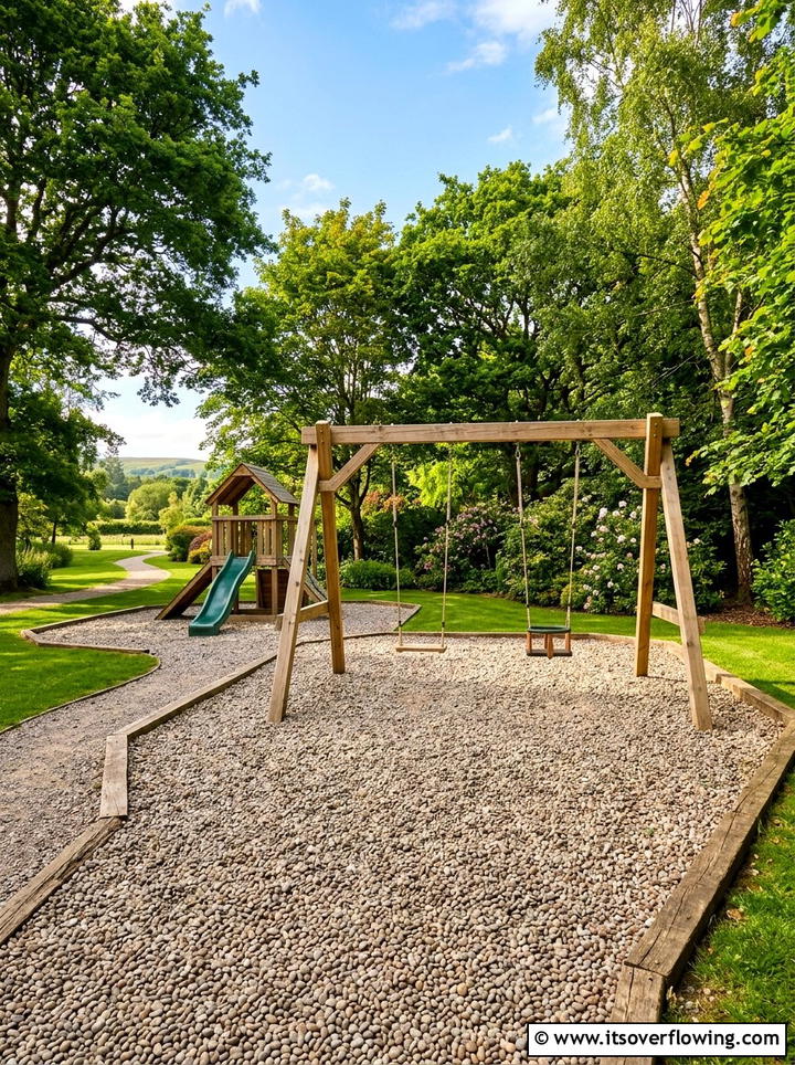 Kids Play Area With Rounded Pea Shingle - 25 cheap garden ideas with gravel