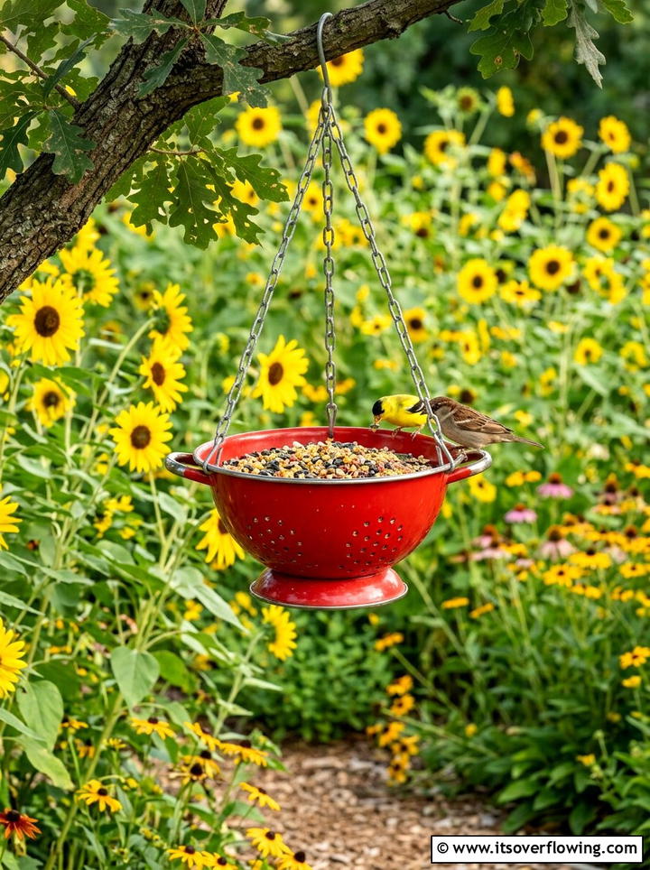 Kitchen Colander Bird Feeder - 25 reusing old things ideas for bird feeders