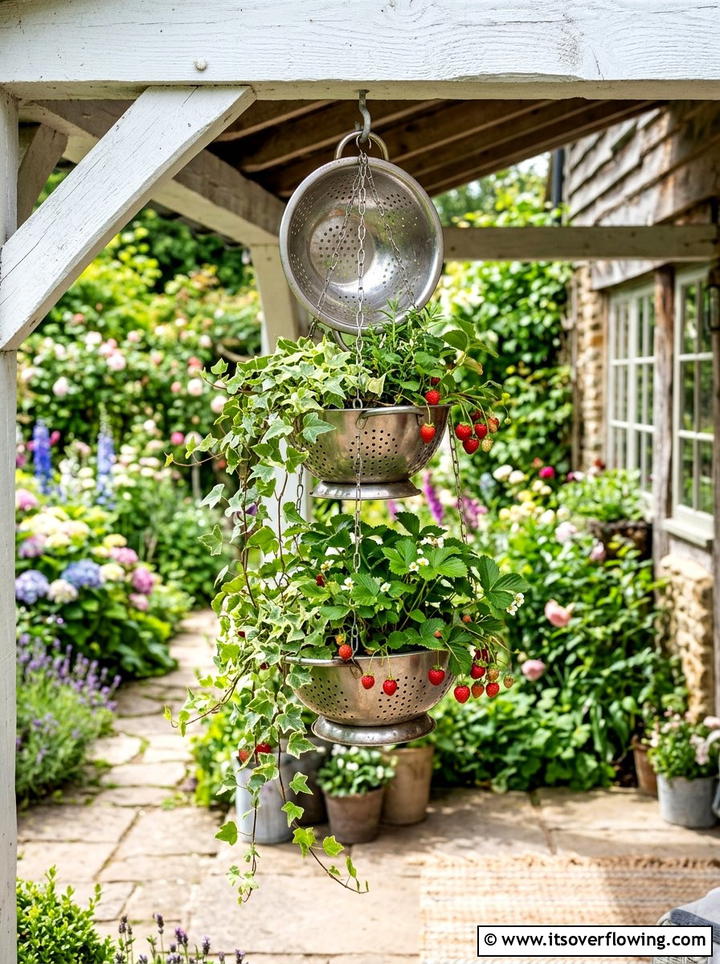 Kitchen Colander Hanging Basket - 25 reusing old things ideas for small garden