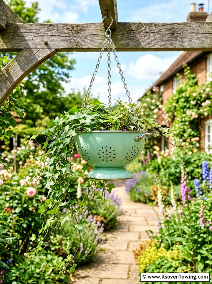 Kitchen Colander Hanging Basket - 25 reusing old things ideas for yard art