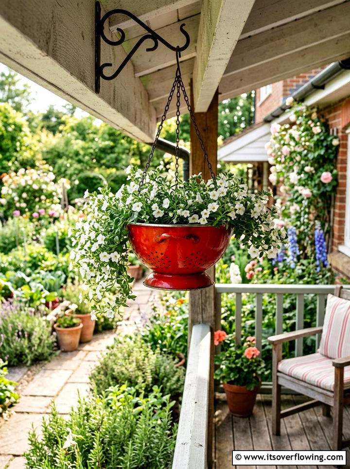 Kitchen Colander Hanging Basket - 25 upcycled garden ideas for front yards