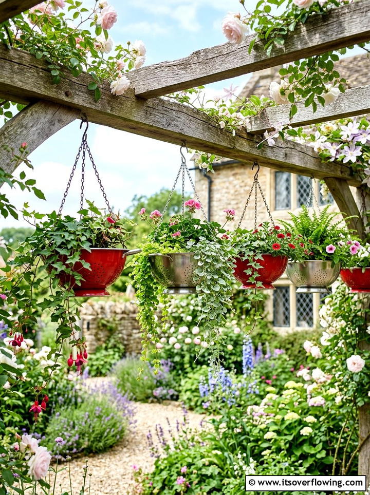 Kitchen Colander Hanging Baskets - 25 recycled garden ideas with eco friendly decor