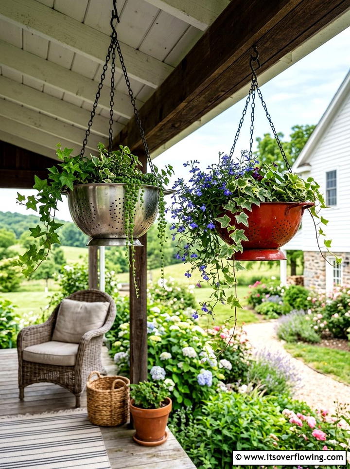 Kitchen Colander Hanging Planter - 25 upcycled garden ideas