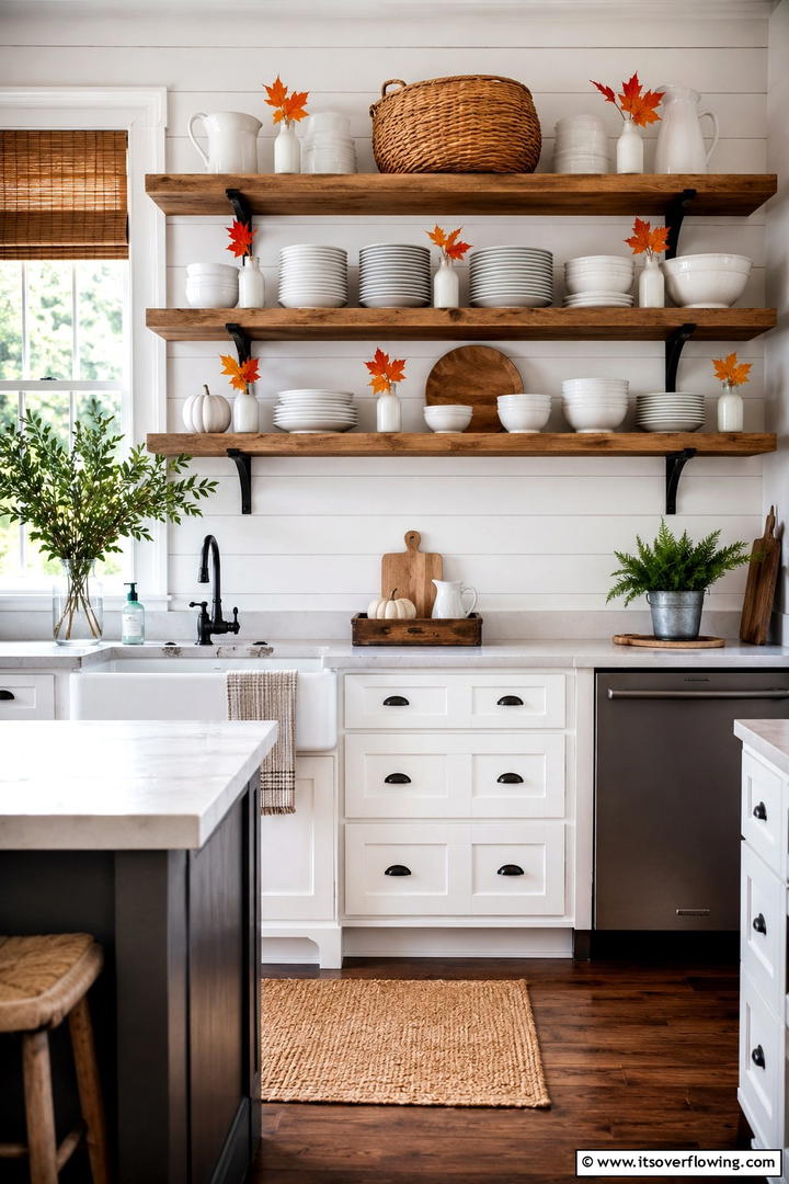 Kitchen Open Shelving Display - 50 Fall Leaves Decor Ideas to Brighten Autumn Rooms