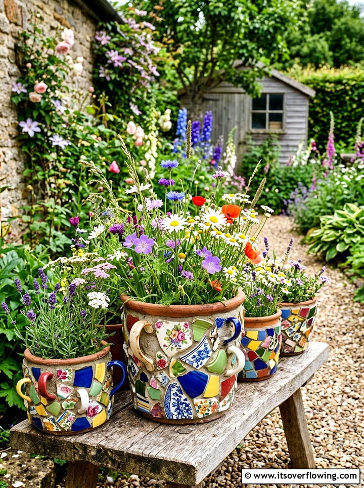 Kitchen Scrap Ceramic Planters - 25 creative garden ideas with mosaic planters