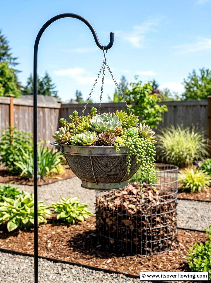 Kitchen Sieve Succulent Planter - 25 recycled garden ideas with leaf mold bins