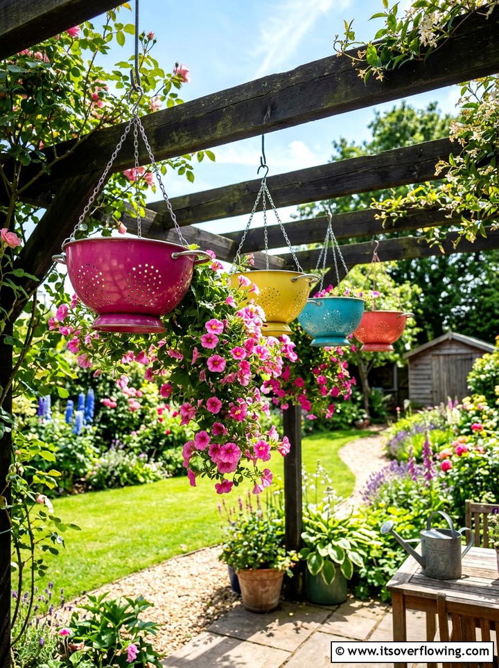 Kitchen colander hanging basket - 25 upcycled garden ideas for sunny spaces