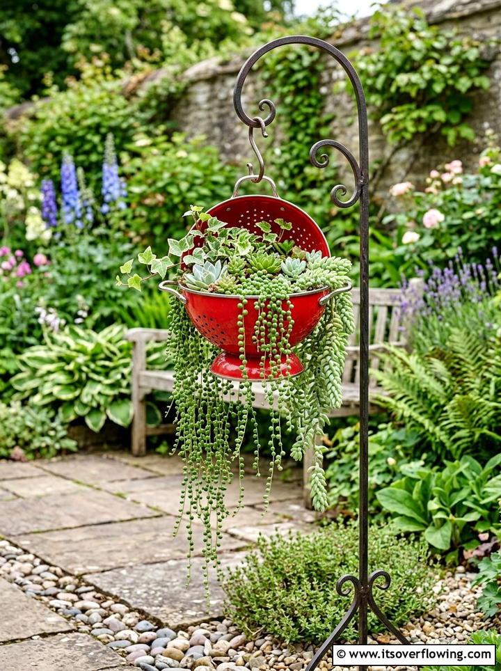 Kitchen colander planter - 25 recycled garden ideas for school projects