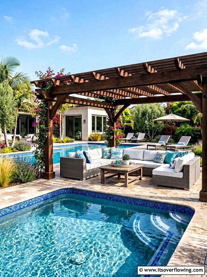 L shaped Pool With Poolside Pergola Seating - 25 backyard ideas with pool and pergola