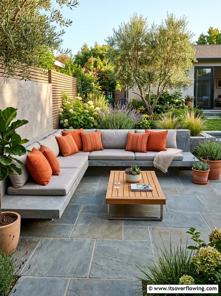L shaped concrete bench for patio - 25 backyard ideas with concrete bench