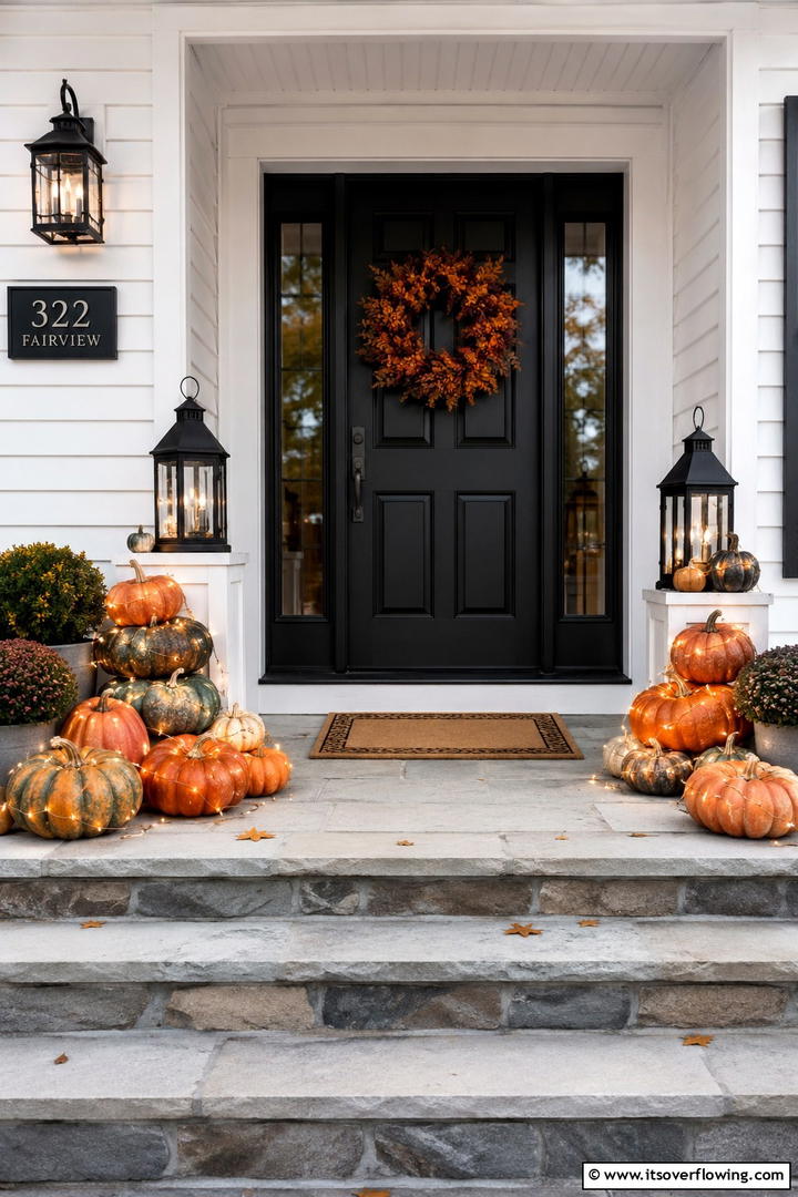 LED Light Pumpkin Arrangement - 50 Fall Front Door Decor Ideas Roundup- Curb Appeal