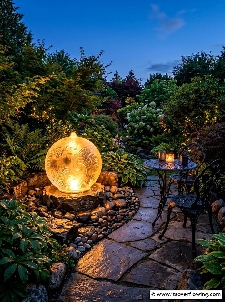 LED glass orb fountain - 25 garden decor ideas with tabletop fountains