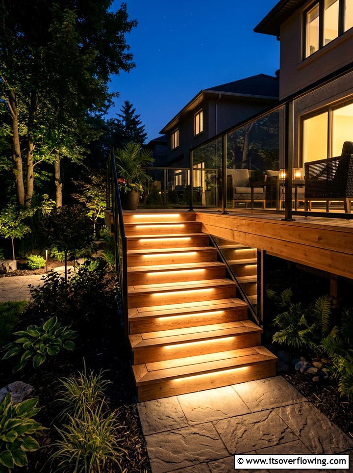 LED strip lights under deck stairs - 25 small garden ideas with lighting