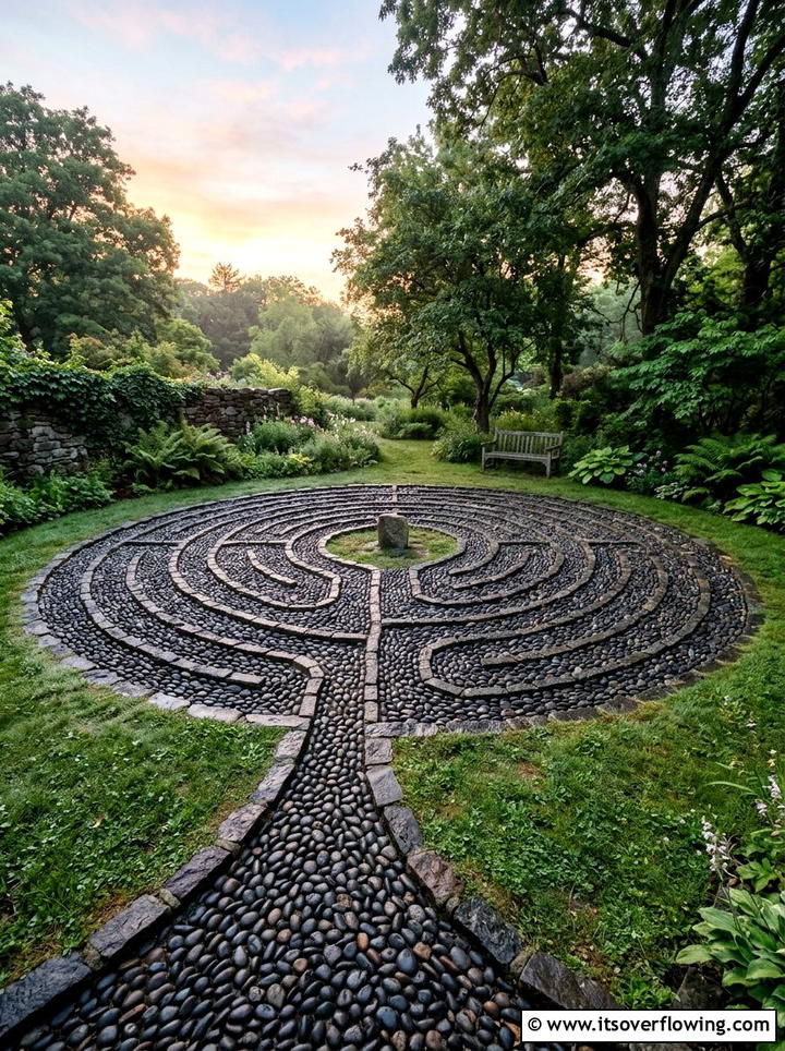 Labyrinth stone path - 25 garden ideas with pebble mosaics