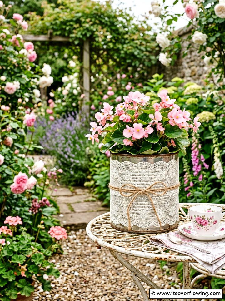 Lace Covered Tin Can Planter - 25 upcycled garden ideas with old cans