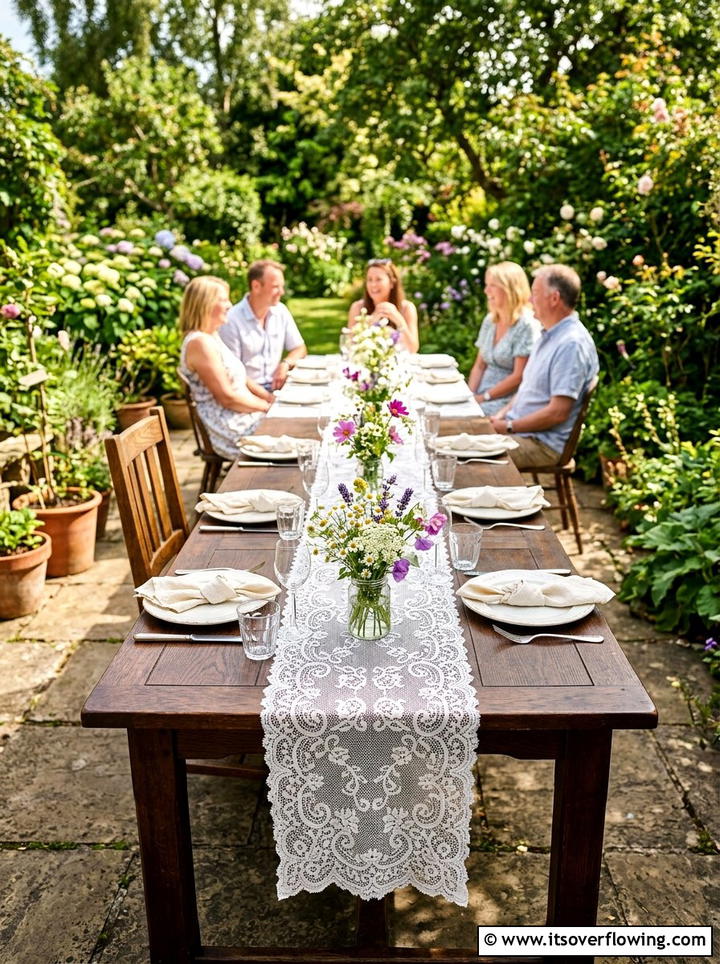 Lace Table Runner - 25 backyard decorating ideas with garden party style