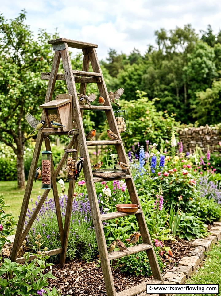 Ladder Bird Feeder Station - 25 backyard decorating ideas with vintage ladders