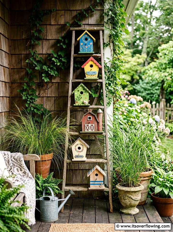 Ladder Birdhouse Display - 25 front porch ideas with repurposed ladders