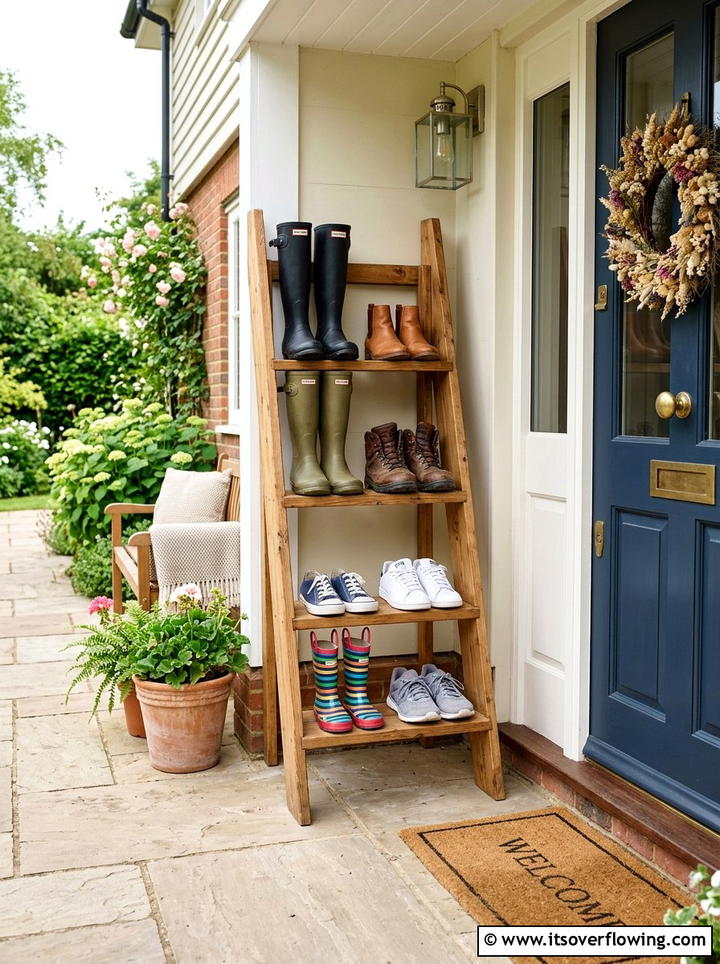 Ladder Boot and Shoe Storage - 25 front porch ideas with repurposed ladders