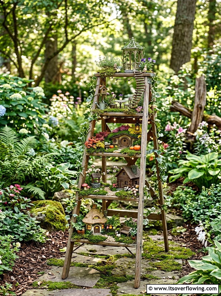 Ladder Fairy Garden - 25 backyard decorating ideas with vintage ladders