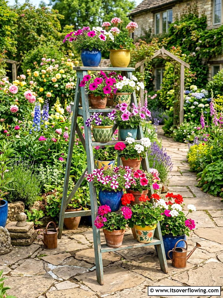 Ladder Flower Pot Stand - 25 backyard decorating ideas with vintage ladders
