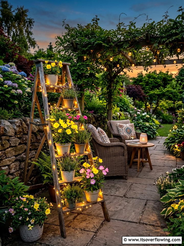Ladder Garden Solar Lights - 25 garden decor ideas with floral ladders